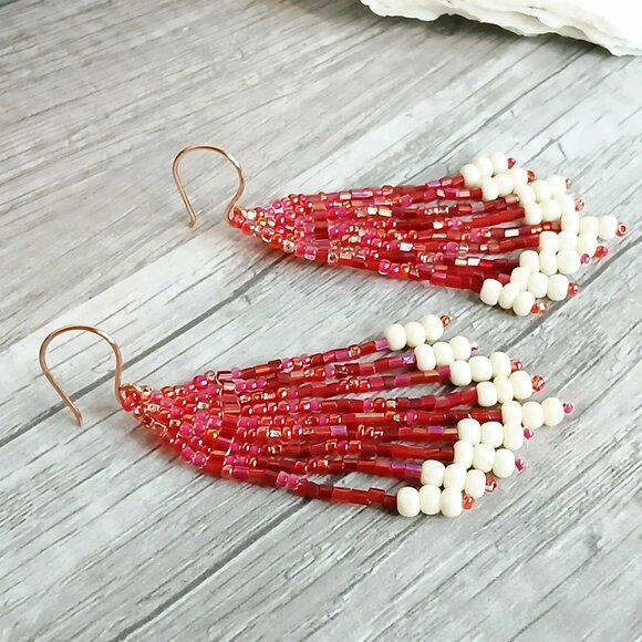 Christmas Beaded Fringe Dangle Earrings, Red & White, 3" - Picture 4 of 8